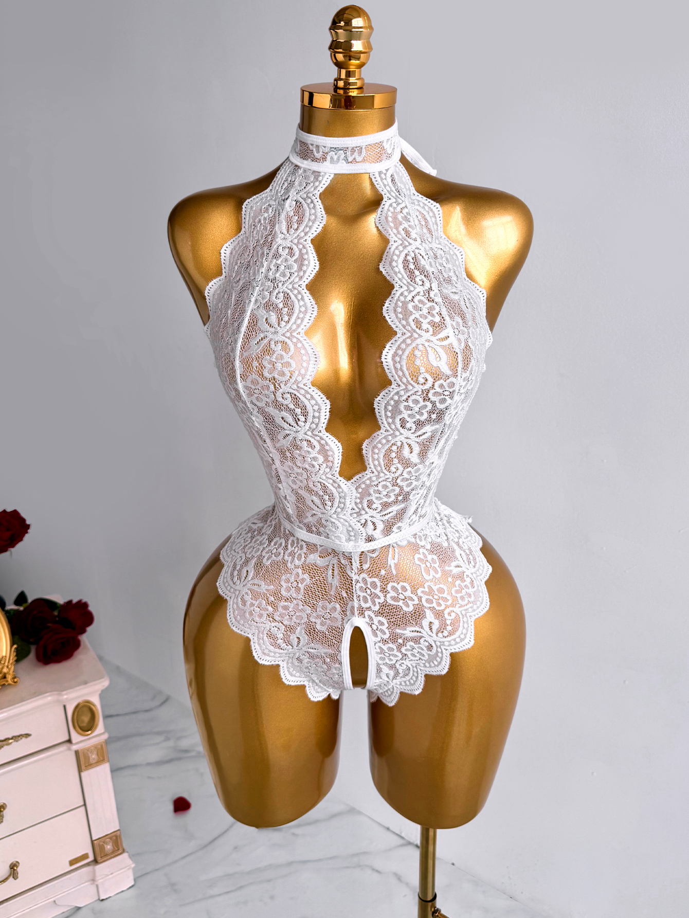 White Halter Neck Floral Lace  – Lace Teddy Lingerie recenzja i cena