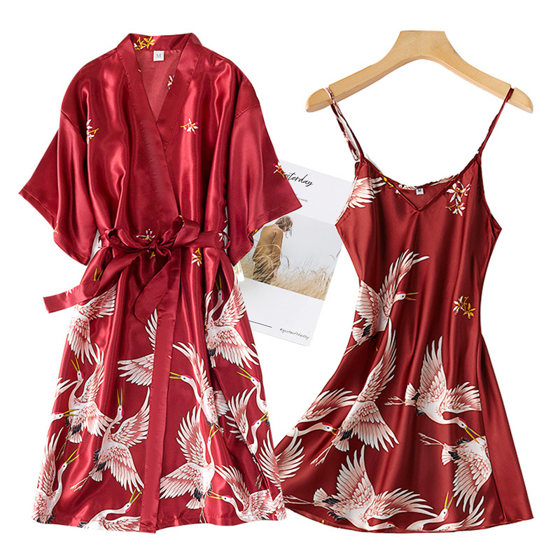 Burgundy Women 2PCS Faux Silk  – Robe Silk Women recenzja i cena